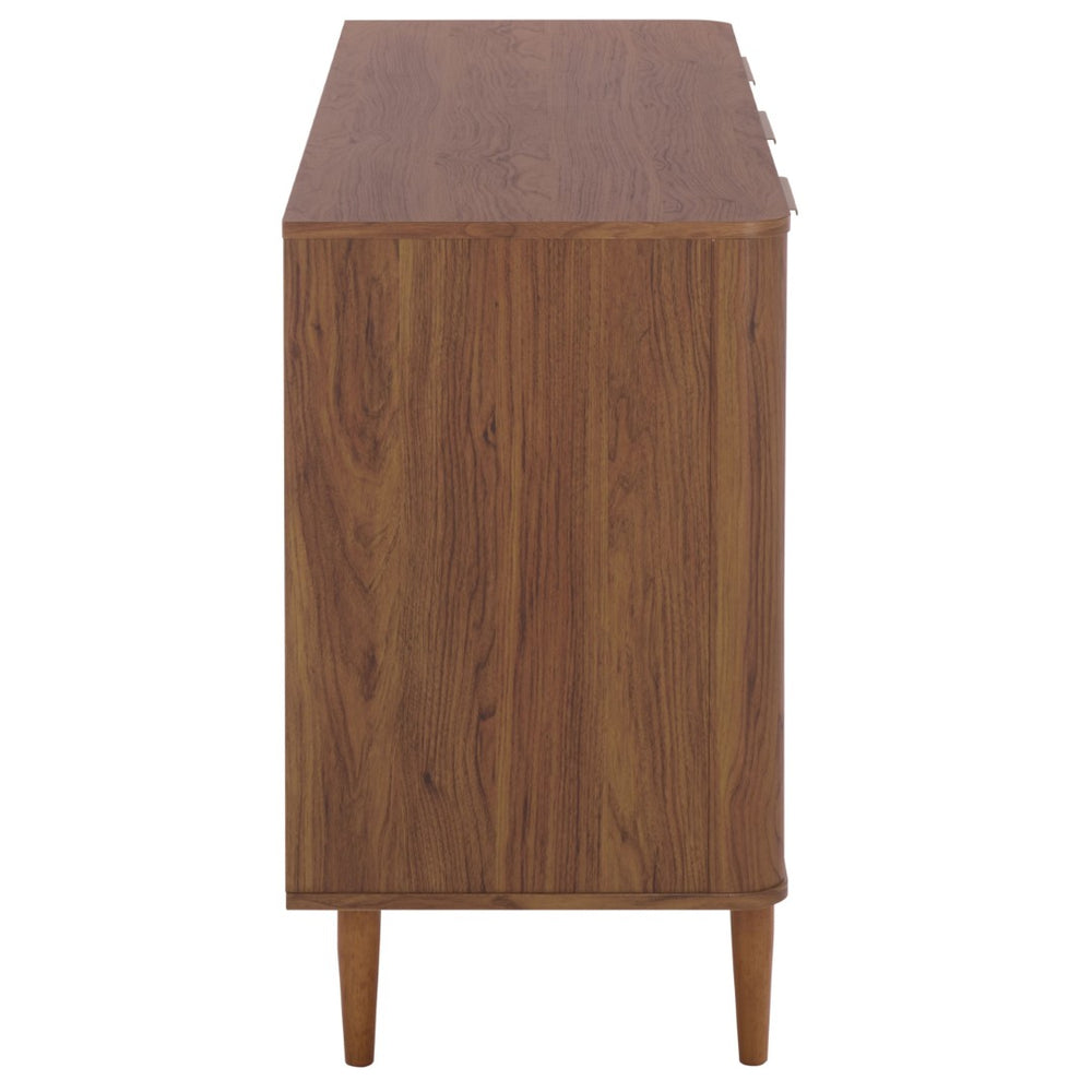 Safavieh Brey 3-Door Sideboard: Elegant Walnut Media Stand With Rattan & Brass Accents For Stylish Storage MED3108A
