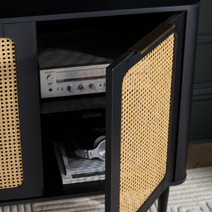 Safavieh Brey Modern 3-Door Sideboard/Media Stand With Rattan Texture For Stylish Storage Solutions Black / Brass MED3108B