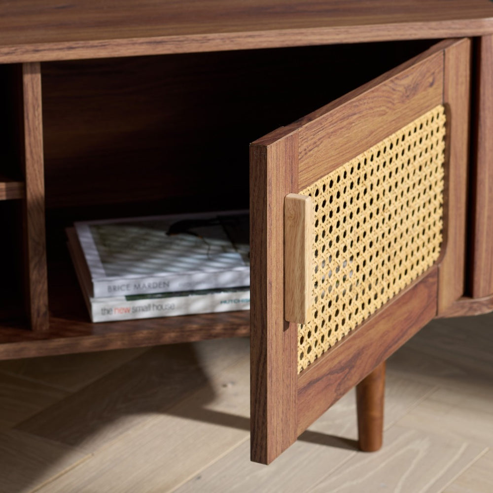 Safavieh Ders Walnut-Finish 2-Shelf Sideboard With Rattan Accents – Stylish Media Stand For Any Space MED3114A