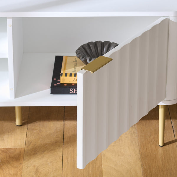 Hilsa Mid-Century Sideboard And Tv Stand With Three Doors, Two Shelves, Sleek Metal Trim, 65" Tv Support