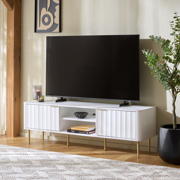 Hilsa Mid-Century Sideboard And Tv Stand With Three Doors, Two Shelves, Sleek Metal Trim, 65" Tv Support