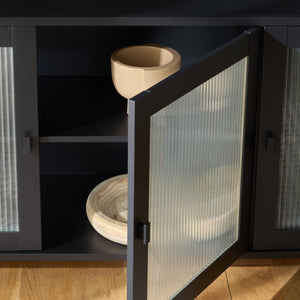 Safavieh Donahue Matte Black Three Door Media Console with Clear Glass Modern Storage MED3125A-2BX
