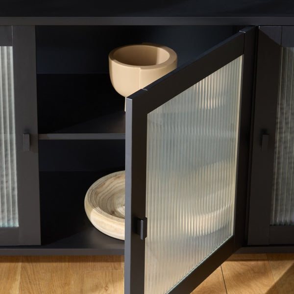 Safavieh Donahue Matte Black Three Door Media Console with Clear Glass Modern Storage MED3125A-2BX