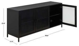 Safavieh Donahue Matte Black Three Door Media Console with Clear Glass Modern Storage MED3125A-2BX