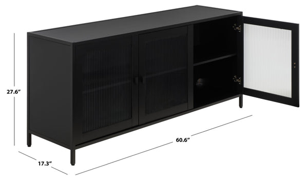 Safavieh Donahue Matte Black Three Door Media Console with Clear Glass Modern Storage MED3125A-2BX