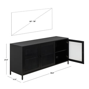 Safavieh Donahue Matte Black Three Door Media Console with Clear Glass Modern Storage MED3125A-2BX