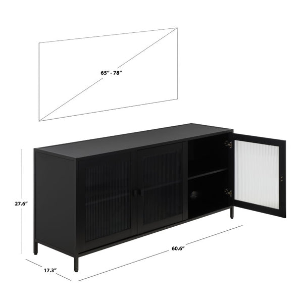 Safavieh Donahue Matte Black Three Door Media Console with Clear Glass Modern Storage MED3125A-2BX