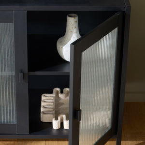 Safavieh Donahue Four Door Matte Black Sideboard with Clear Panels for Modern Living Spaces MED3126A-2BX