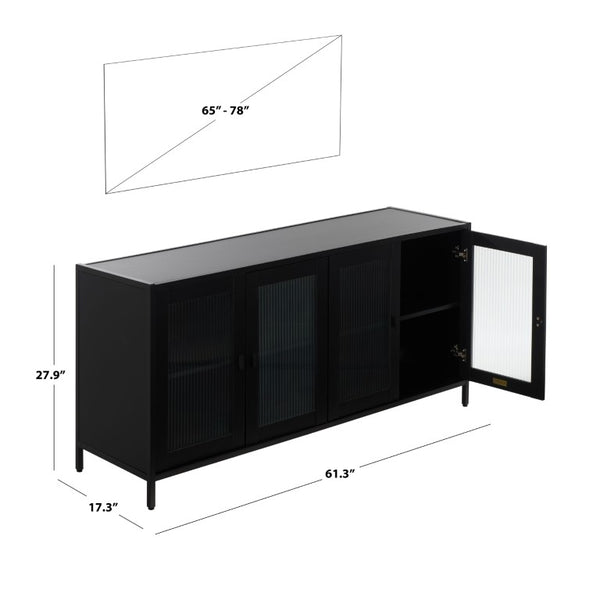Safavieh Donahue Four Door Matte Black Sideboard with Clear Panels for Modern Living Spaces MED3126A-2BX