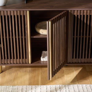 Safavieh Isak Slat Door Sideboard with Brass Hardware Mid-Century Style Living Room Storage Dark Brown / Brass MED3127A-2BX