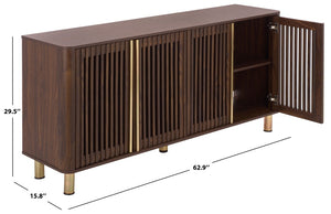 Safavieh Isak Slat Door Sideboard with Brass Hardware Mid-Century Style Living Room Storage Dark Brown / Brass MED3127A-2BX