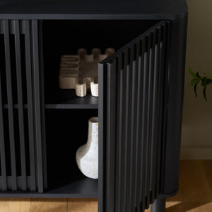 Safavieh Isak Slat Door Sideboard with Brass Hardware Mid-Century Style Living Room Storage Black / Black MED3127B-2BX