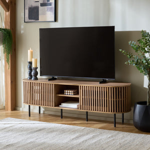 Kiyoshi 5-Shelf Media Stand 70.9" Wide — Modern Wood-Look Shelves With Metal Frame, Holds Up To 75" Tv
