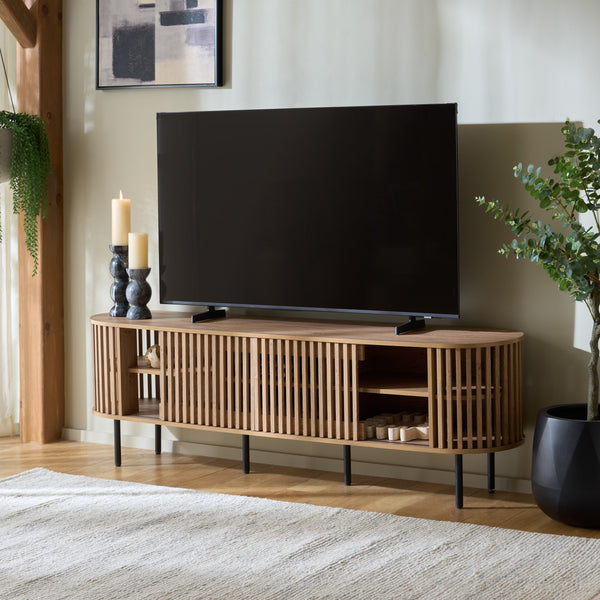 Kiyoshi 5-Shelf Media Stand 70.9" Wide — Modern Wood-Look Shelves With Metal Frame, Holds Up To 75" Tv