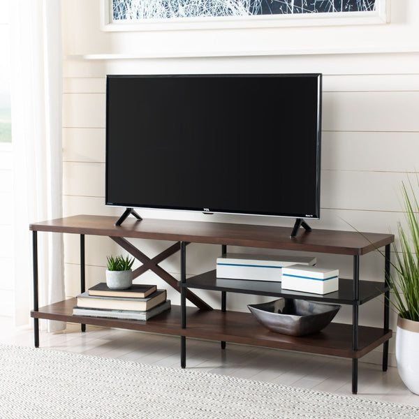 Safavieh Bruno Industrial Media Stand - Stylish Mahogany & Black Metal Storage For Modern Living Rooms & Décor MED5001A