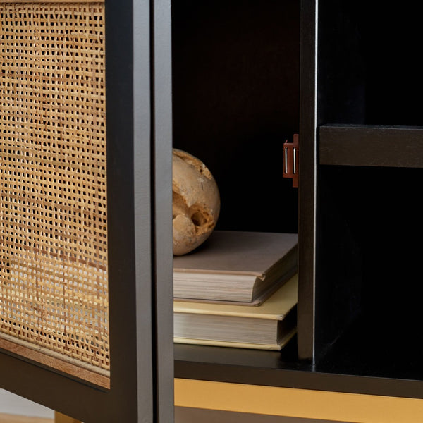 Safavieh Zadie Coastal-Inspired Rattan Media Stand With Open Shelving & Elegant Gold Accents For Modern Homes Black With Natural Rattan / Gold Legs MED5009A