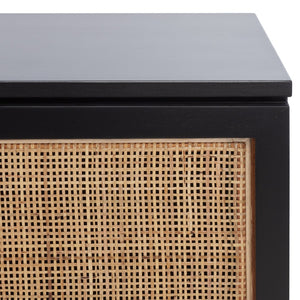 Safavieh Zadie Coastal-Inspired Rattan Media Stand With Open Shelving & Elegant Gold Accents For Modern Homes Black With Natural Rattan / Gold Legs MED5009A