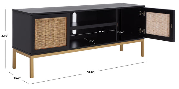 Safavieh Zadie Coastal-Inspired Rattan Media Stand With Open Shelving & Elegant Gold Accents For Modern Homes Black With Natural Rattan / Gold Legs MED5009A