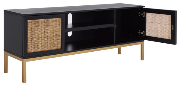 Safavieh Zadie Coastal-Inspired Rattan Media Stand With Open Shelving & Elegant Gold Accents For Modern Homes Black With Natural Rattan / Gold Legs MED5009A