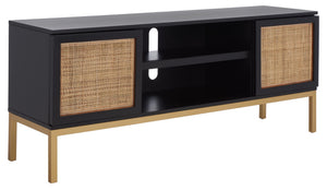 Safavieh Zadie Coastal-Inspired Rattan Media Stand With Open Shelving & Elegant Gold Accents For Modern Homes Black With Natural Rattan / Gold Legs MED5009A