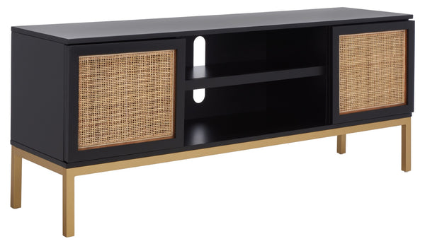 Safavieh Zadie Coastal-Inspired Rattan Media Stand With Open Shelving & Elegant Gold Accents For Modern Homes Black With Natural Rattan / Gold Legs MED5009A