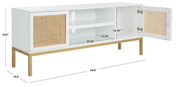 Safavieh Zadie Coastal-Inspired Rattan Media Stand With Open Shelving & Elegant Gold Accents For Modern Homes White With Natural Rattan / Gold Legs MED5009B