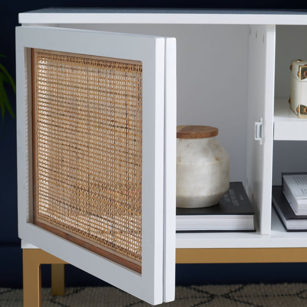 Safavieh Zadie Coastal-Inspired Rattan Media Stand With Open Shelving & Elegant Gold Accents For Modern Homes White With Natural Rattan / Gold Legs MED5009B