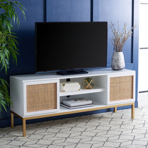 Safavieh Zadie Coastal-Inspired Rattan Media Stand With Open Shelving & Elegant Gold Accents For Modern Homes White With Natural Rattan / Gold Legs MED5009B