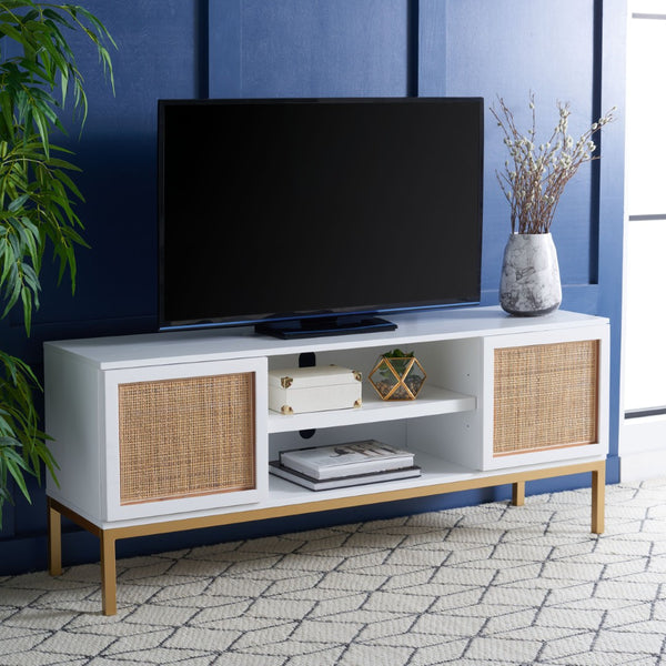 Safavieh Zadie Coastal-Inspired Rattan Media Stand With Open Shelving & Elegant Gold Accents For Modern Homes White With Natural Rattan / Gold Legs MED5009B