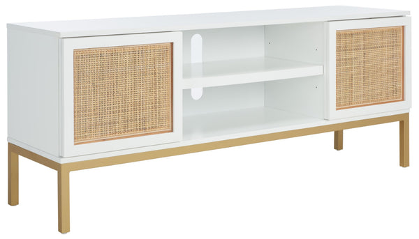 Safavieh Zadie Coastal-Inspired Rattan Media Stand With Open Shelving & Elegant Gold Accents For Modern Homes White With Natural Rattan / Gold Legs MED5009B