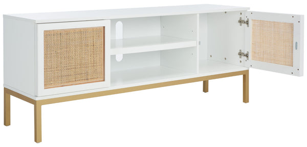 Safavieh Zadie Coastal-Inspired Rattan Media Stand With Open Shelving & Elegant Gold Accents For Modern Homes White With Natural Rattan / Gold Legs MED5009B
