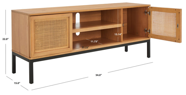 Safavieh Zadie Coastal-Inspired Rattan Media Stand With Open Shelving & Elegant Gold Accents For Modern Homes Natural With Natural Rattan / Black Legs MED5009C