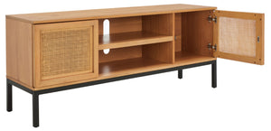 Safavieh Zadie Coastal-Inspired Rattan Media Stand With Open Shelving & Elegant Gold Accents For Modern Homes Natural With Natural Rattan / Black Legs MED5009C