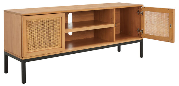 Safavieh Zadie Coastal-Inspired Rattan Media Stand With Open Shelving & Elegant Gold Accents For Modern Homes Natural With Natural Rattan / Black Legs MED5009C