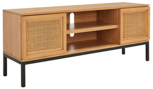 Safavieh Zadie Coastal-Inspired Rattan Media Stand With Open Shelving & Elegant Gold Accents For Modern Homes Natural With Natural Rattan / Black Legs MED5009C