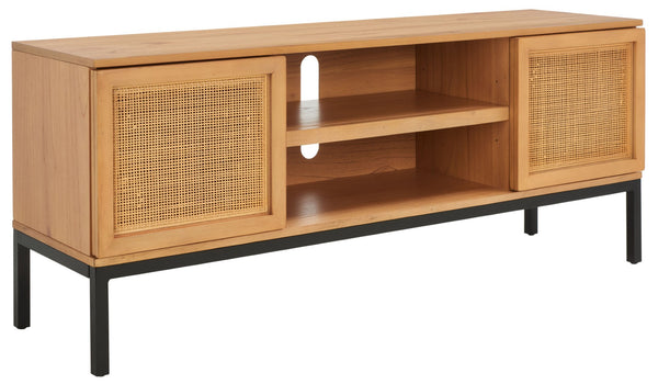 Safavieh Zadie Coastal-Inspired Rattan Media Stand With Open Shelving & Elegant Gold Accents For Modern Homes Natural With Natural Rattan / Black Legs MED5009C