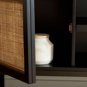 Safavieh Zadie Coastal-Inspired Rattan Media Stand With Open Shelving & Elegant Gold Accents For Modern Homes Black With Natural Rattan / Black Legs MED5009D