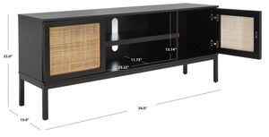 Safavieh Zadie Coastal-Inspired Rattan Media Stand With Open Shelving & Elegant Gold Accents For Modern Homes Black With Natural Rattan / Black Legs MED5009D