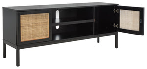 Safavieh Zadie Coastal-Inspired Rattan Media Stand With Open Shelving & Elegant Gold Accents For Modern Homes Black With Natural Rattan / Black Legs MED5009D