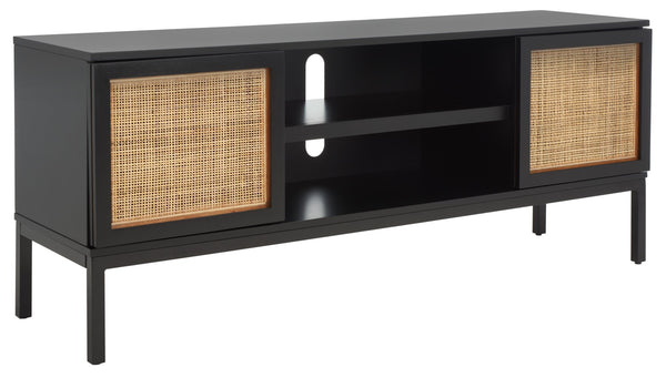 Safavieh Zadie Coastal-Inspired Rattan Media Stand With Open Shelving & Elegant Gold Accents For Modern Homes Black With Natural Rattan / Black Legs MED5009D
