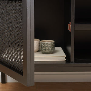 Safavieh Zadie Coastal-Inspired Rattan Media Stand With Open Shelving & Elegant Gold Accents For Modern Homes Black MED5009E