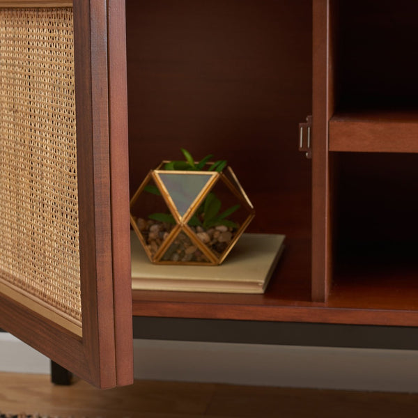 Safavieh Zadie Coastal-Inspired Rattan Media Stand With Open Shelving & Elegant Gold Accents For Modern Homes Walnut / Natural MED5009F