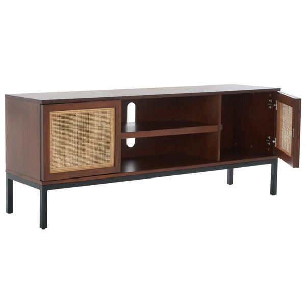 Safavieh Zadie Coastal-Inspired Rattan Media Stand With Open Shelving & Elegant Gold Accents For Modern Homes Walnut / Natural MED5009F