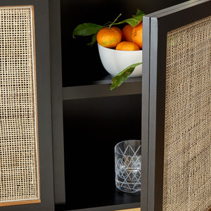 Safavieh Zadie Modern Coastal Elegance Rattan Sideboard With Two Shelves For Stylish Storage Solutions Black With Natural Rattan / Gold Legs MED5010A