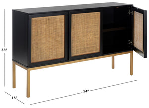 Safavieh Zadie Modern Coastal Elegance Rattan Sideboard With Two Shelves For Stylish Storage Solutions Black With Natural Rattan / Gold Legs MED5010A
