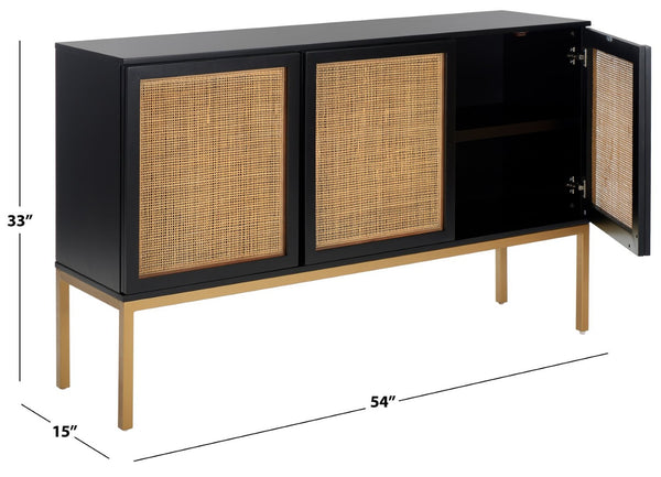 Safavieh Zadie Modern Coastal Elegance Rattan Sideboard With Two Shelves For Stylish Storage Solutions Black With Natural Rattan / Gold Legs MED5010A
