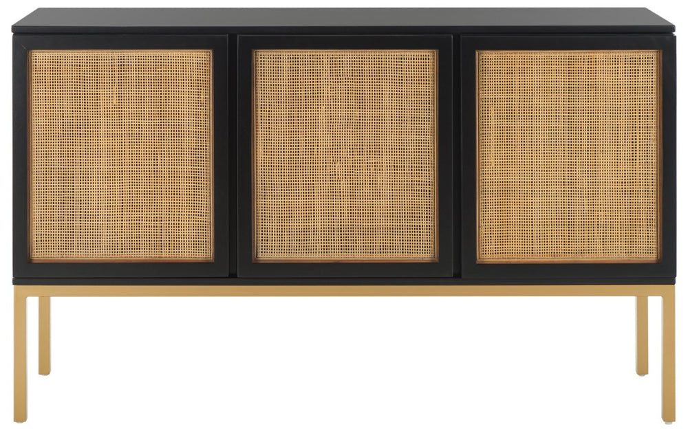 Safavieh Zadie Modern Coastal Elegance Rattan Sideboard With Two Shelves For Stylish Storage Solutions Black With Natural Rattan / Gold Legs MED5010A