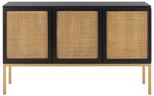 Safavieh Zadie Modern Coastal Elegance Rattan Sideboard With Two Shelves For Stylish Storage Solutions Black With Natural Rattan / Gold Legs MED5010A