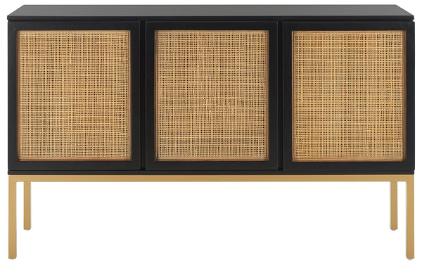Safavieh Zadie Modern Coastal Elegance Rattan Sideboard With Two Shelves For Stylish Storage Solutions Black With Natural Rattan / Gold Legs MED5010A