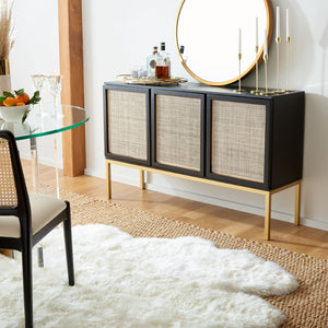 Safavieh Zadie Modern Coastal Elegance Rattan Sideboard With Two Shelves For Stylish Storage Solutions Black With Natural Rattan / Gold Legs MED5010A